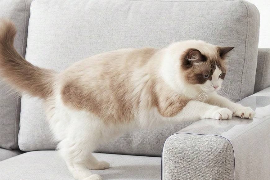 Cat scratching a sofa arm covered by a clear protector